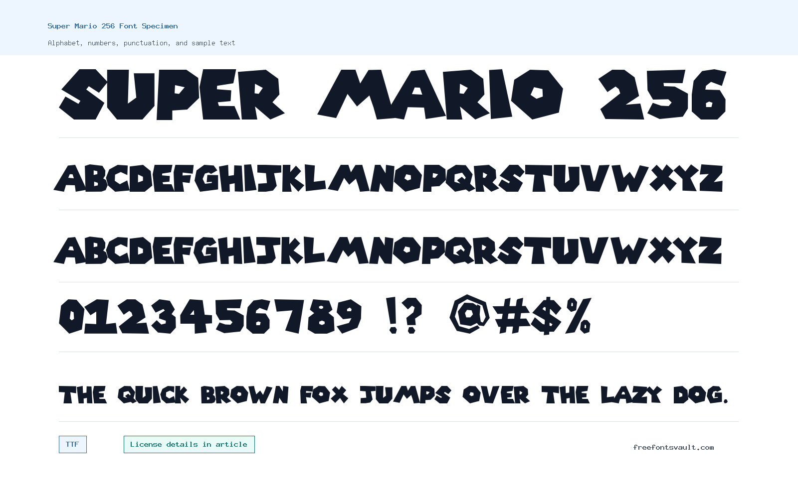 Super Mario 256 font specimen showing alphabet, numbers, and sample text