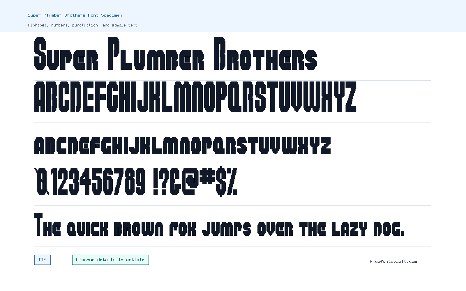 Super Plumber Brothers font specimen showing alphabet, numbers, and sample text