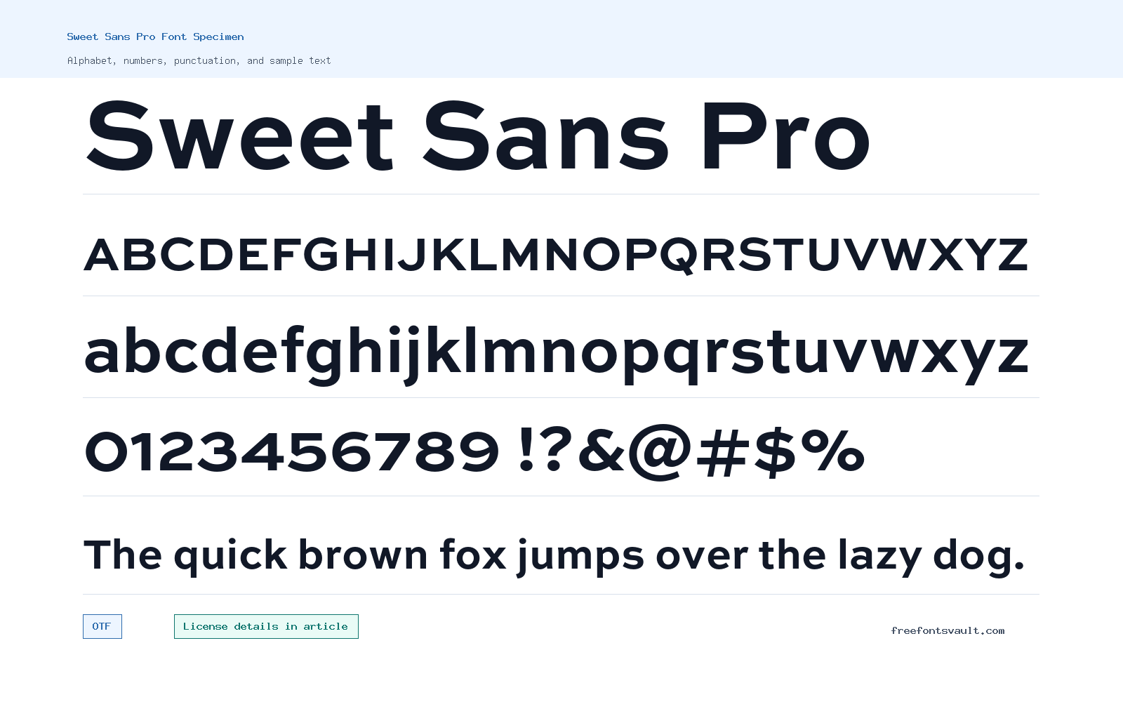 Sweet Sans Pro font specimen showing alphabet, numbers, and sample text