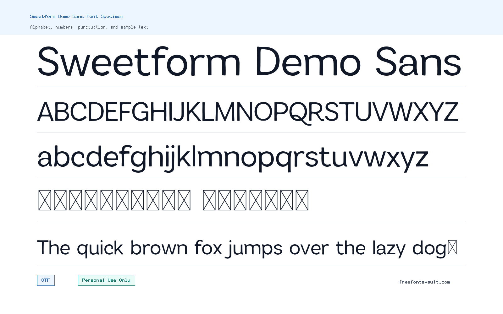 Sweetform Demo Sans font specimen showing alphabet, numbers, and sample text
