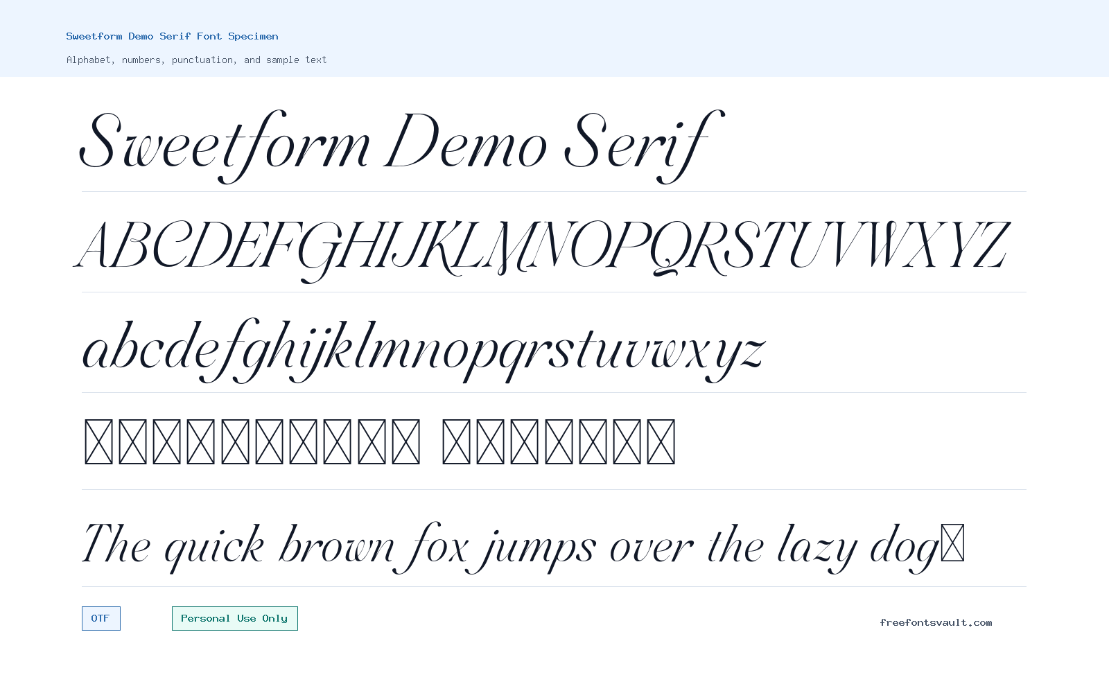 Sweetform Demo Serif font specimen showing alphabet, numbers, and sample text
