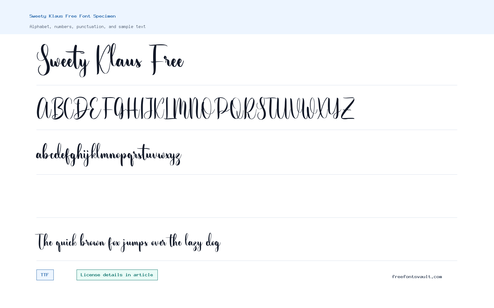 Sweety Klaus Free font specimen showing alphabet, numbers, and sample text