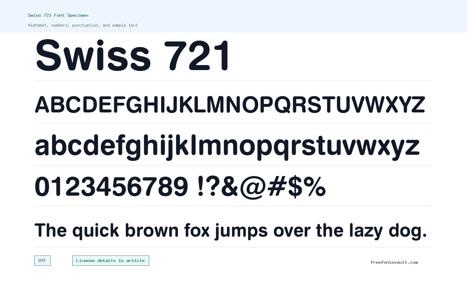 Swiss 721 font specimen showing alphabet, numbers, and sample text