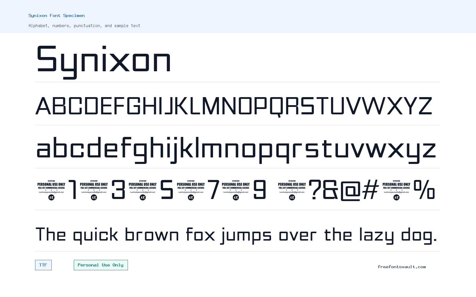 Synixon font specimen showing alphabet, numbers, and sample text