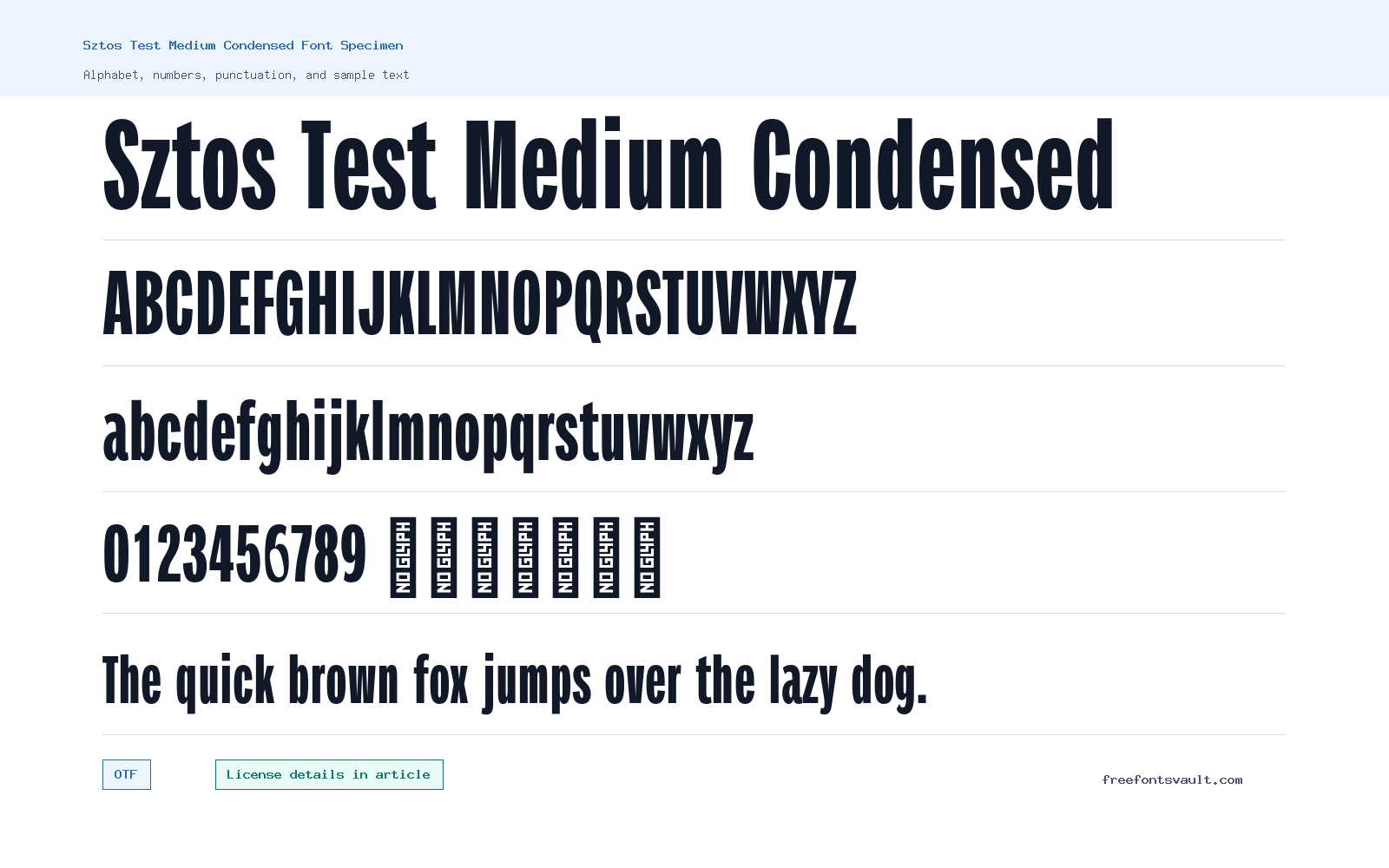 Sztos Test Medium Condensed font specimen showing alphabet, numbers, and sample text