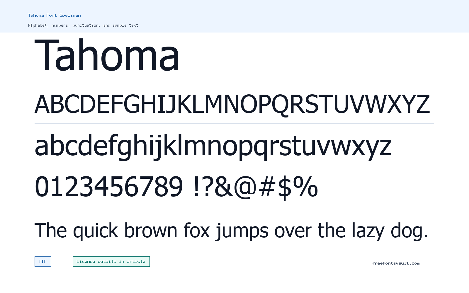Tahoma font specimen showing alphabet, numbers, and sample text