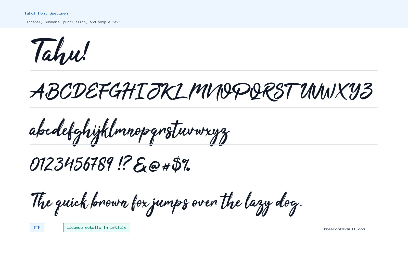 Tahu! font specimen showing alphabet, numbers, and sample text