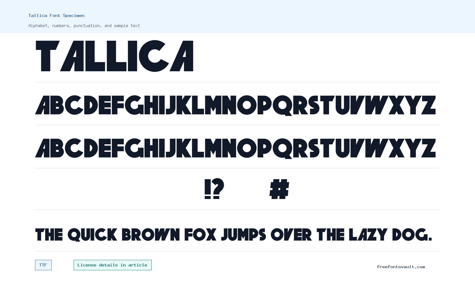 Tallica font specimen showing alphabet, numbers, and sample text
