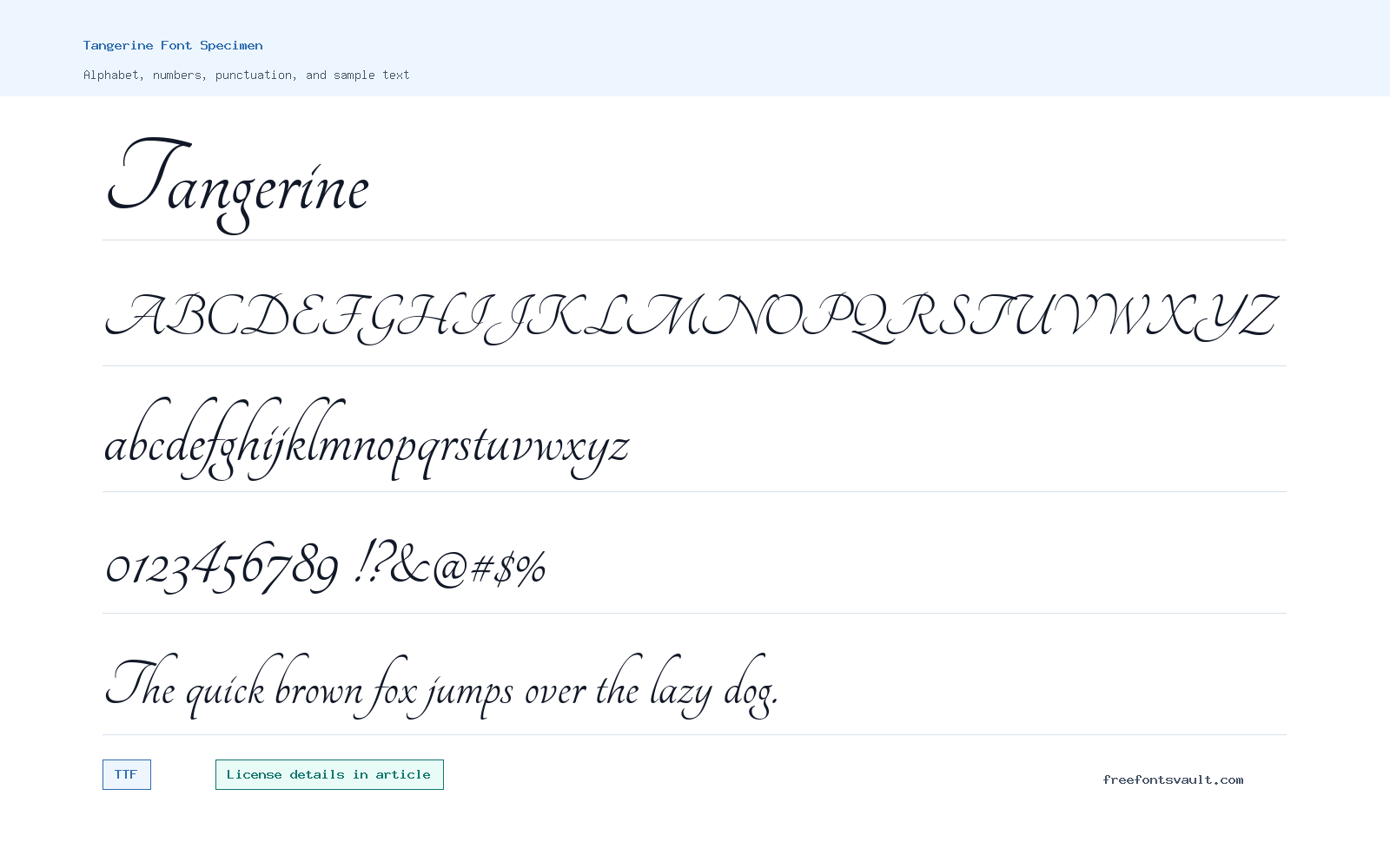 Tangerine font specimen showing alphabet, numbers, and sample text