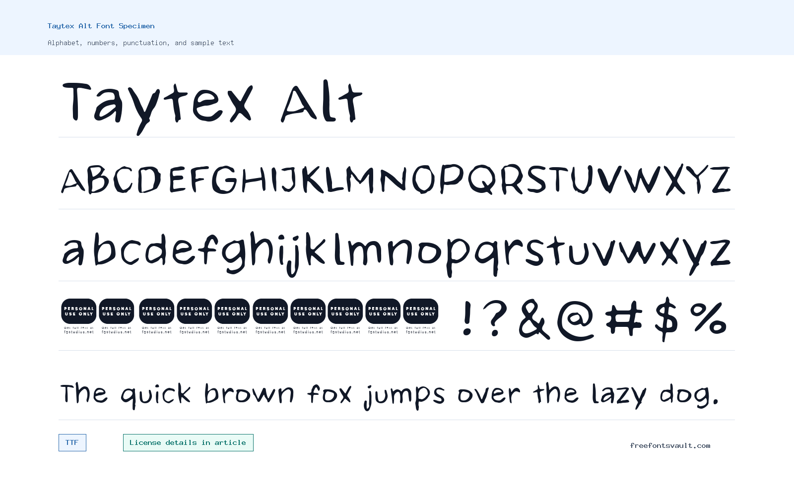 Taytex Alt font specimen showing alphabet, numbers, and sample text