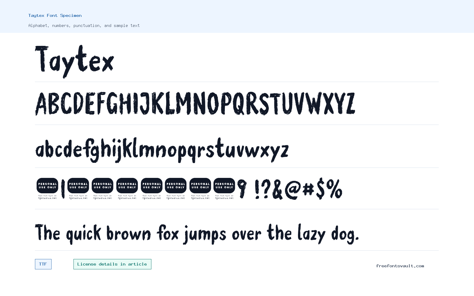 Taytex font specimen showing alphabet, numbers, and sample text