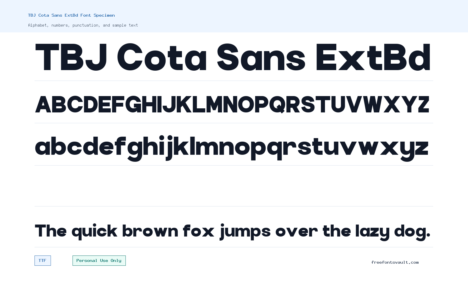 TBJ Cota Sans ExtBd font specimen showing alphabet, numbers, and sample text