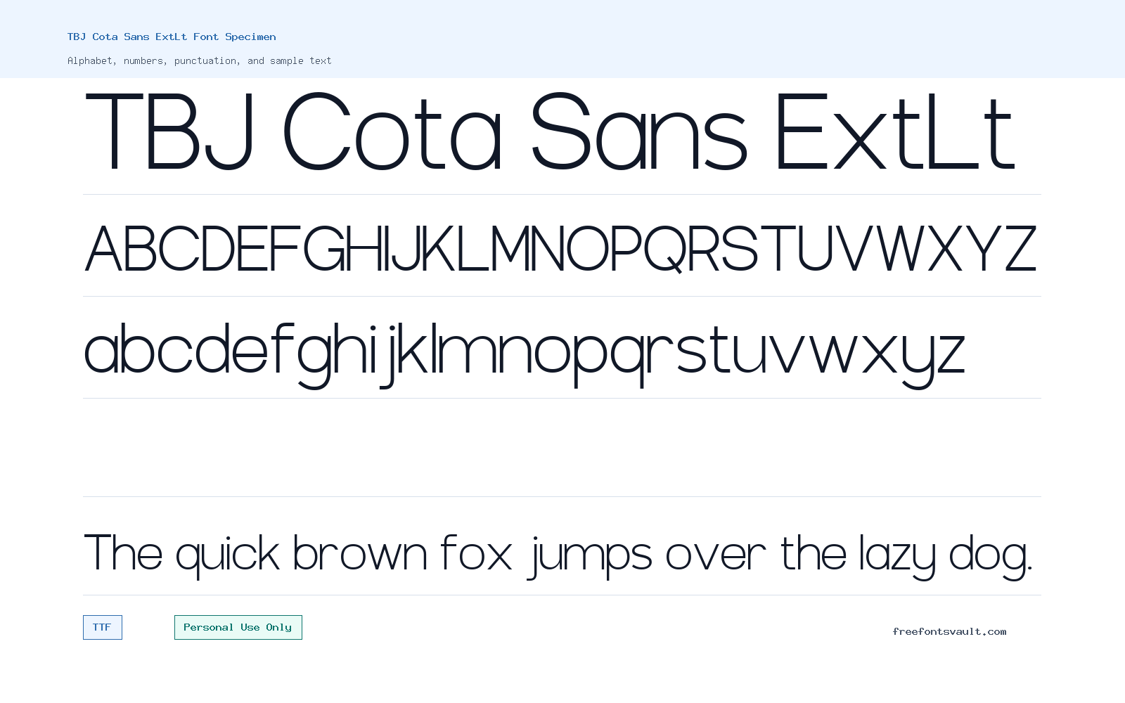 TBJ Cota Sans ExtLt font specimen showing alphabet, numbers, and sample text