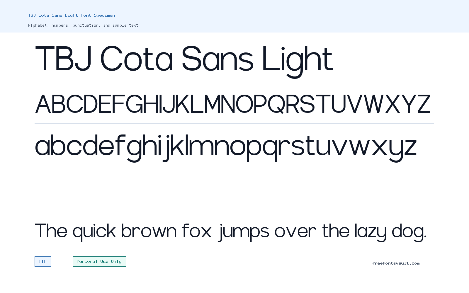 TBJ Cota Sans Light font specimen showing alphabet, numbers, and sample text