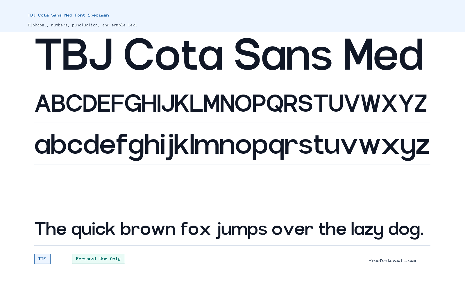TBJ Cota Sans Med font specimen showing alphabet, numbers, and sample text