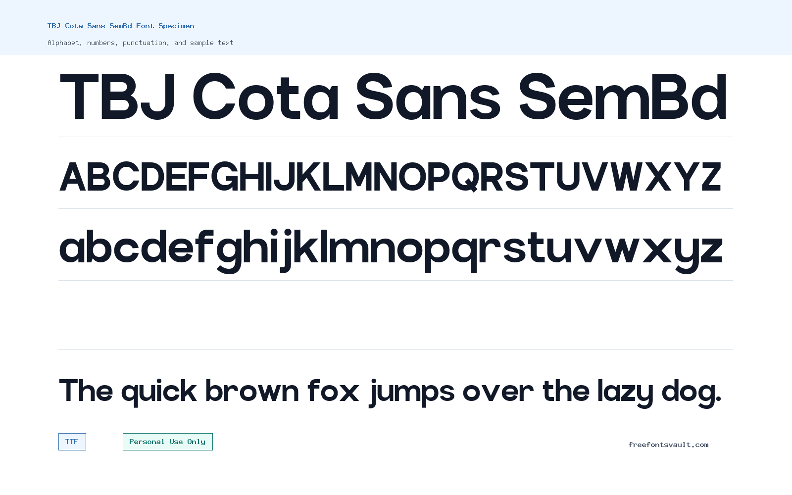 TBJ Cota Sans SemBd font specimen showing alphabet, numbers, and sample text