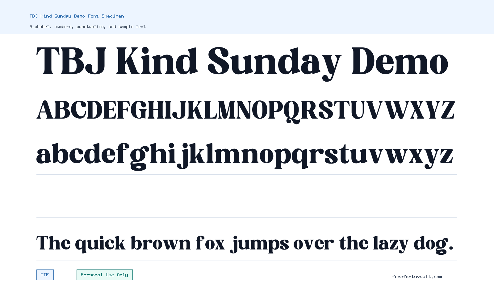 TBJ Kind Sunday Demo font specimen showing alphabet, numbers, and sample text