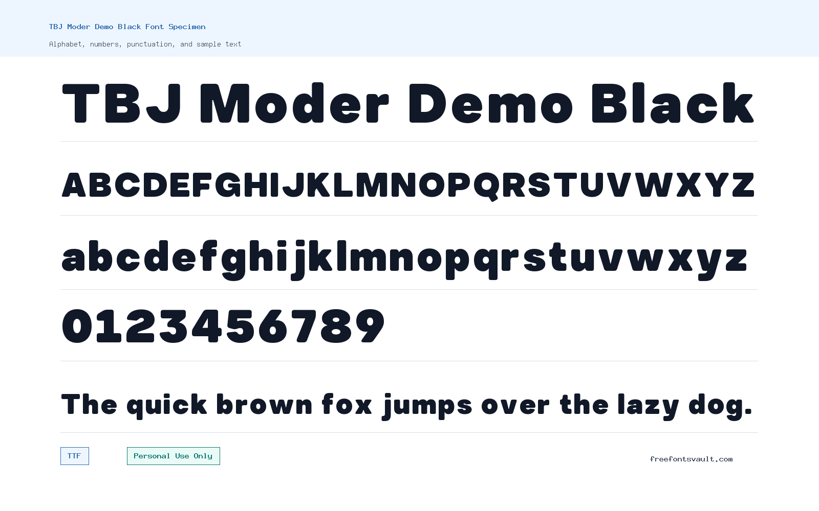 TBJ Moder Demo Black font specimen showing alphabet, numbers, and sample text