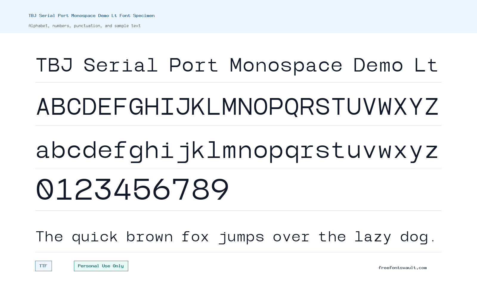 TBJ Serial Port Monospace Demo Lt font specimen showing alphabet, numbers, and sample text