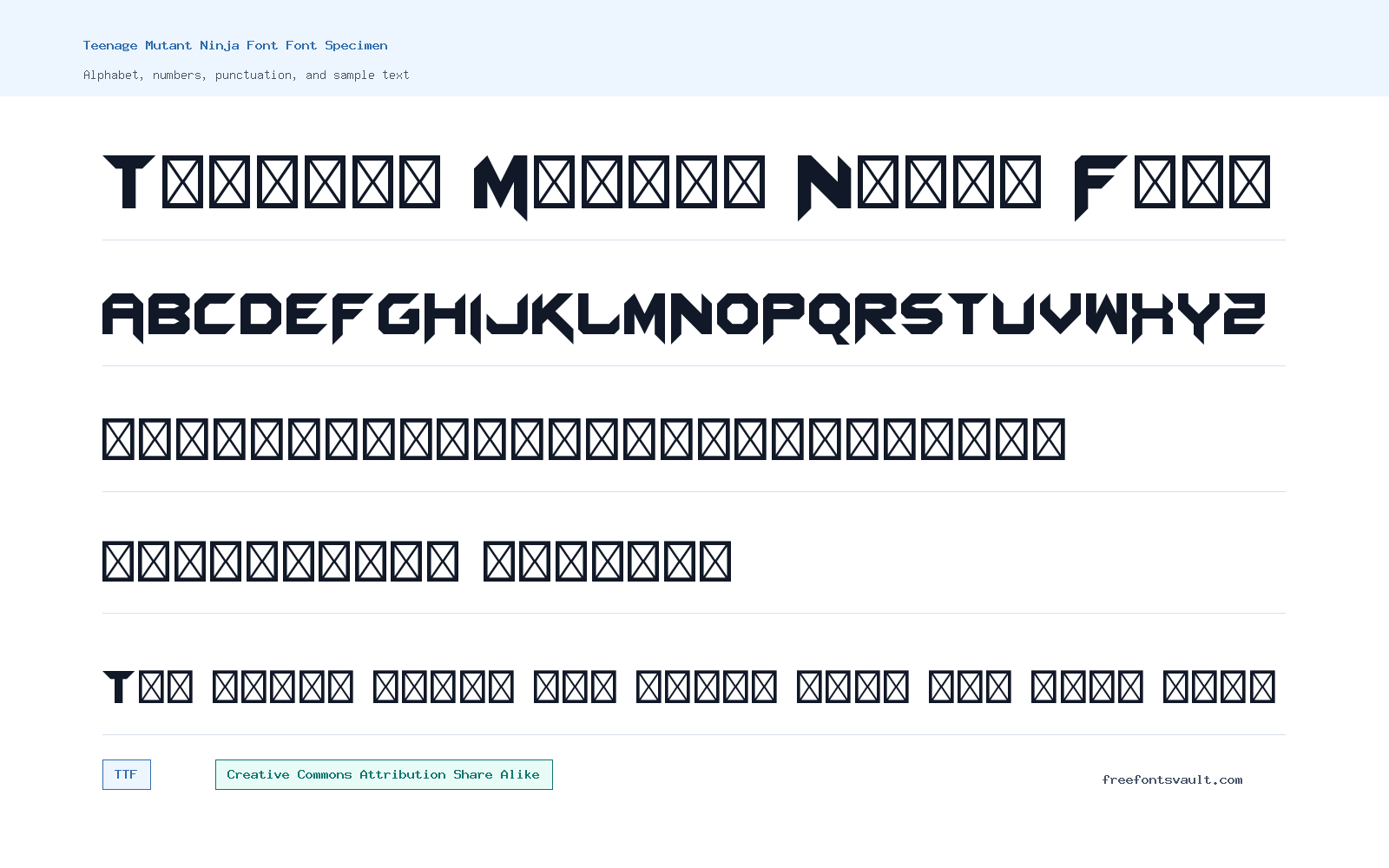 Teenage Mutant Ninja Font font specimen showing alphabet, numbers, and sample text