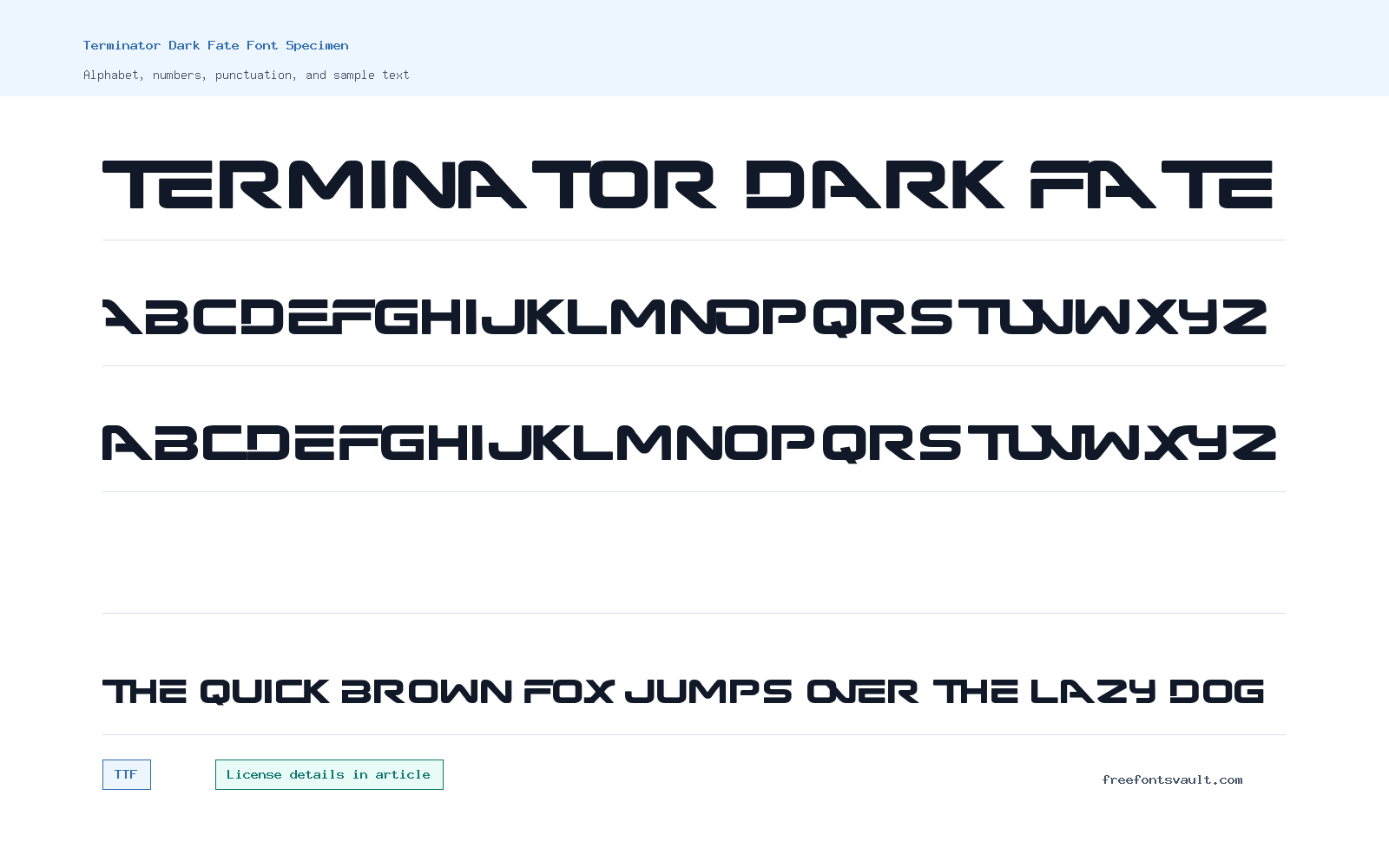 Terminator Dark Fate font specimen showing alphabet, numbers, and sample text