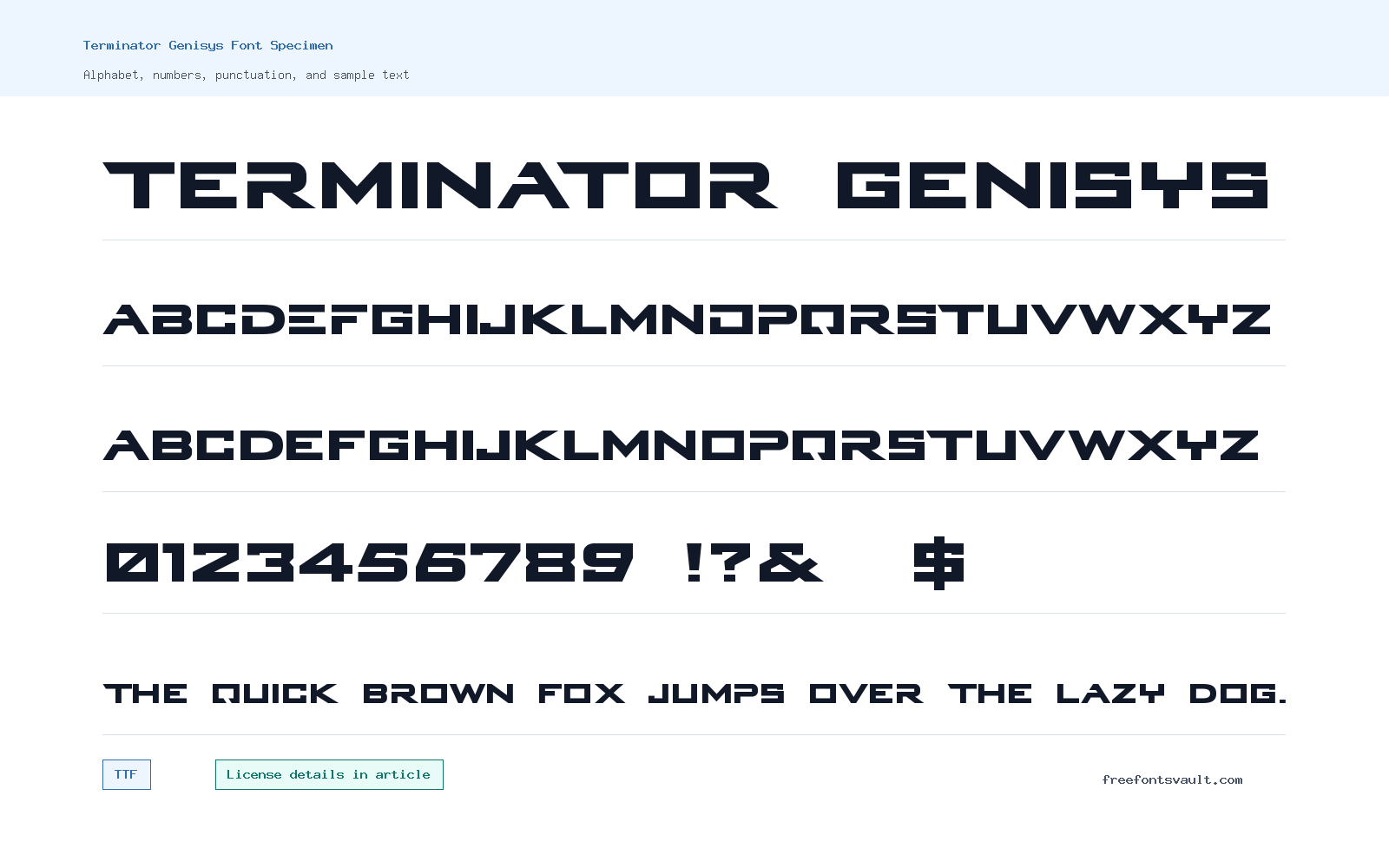 Terminator Genisys font specimen showing alphabet, numbers, and sample text