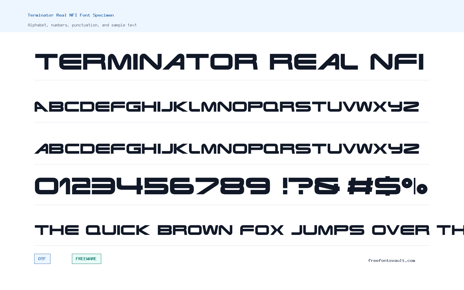 Terminator Real NFI font specimen showing alphabet, numbers, and sample text