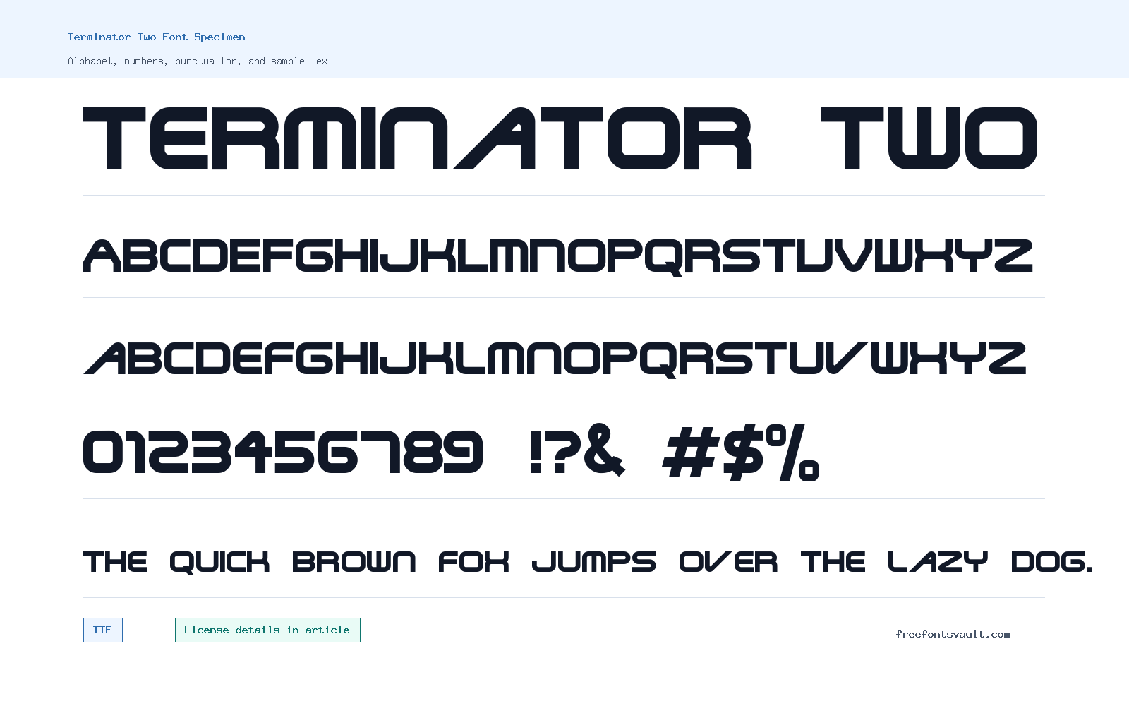 Terminator Two font specimen showing alphabet, numbers, and sample text