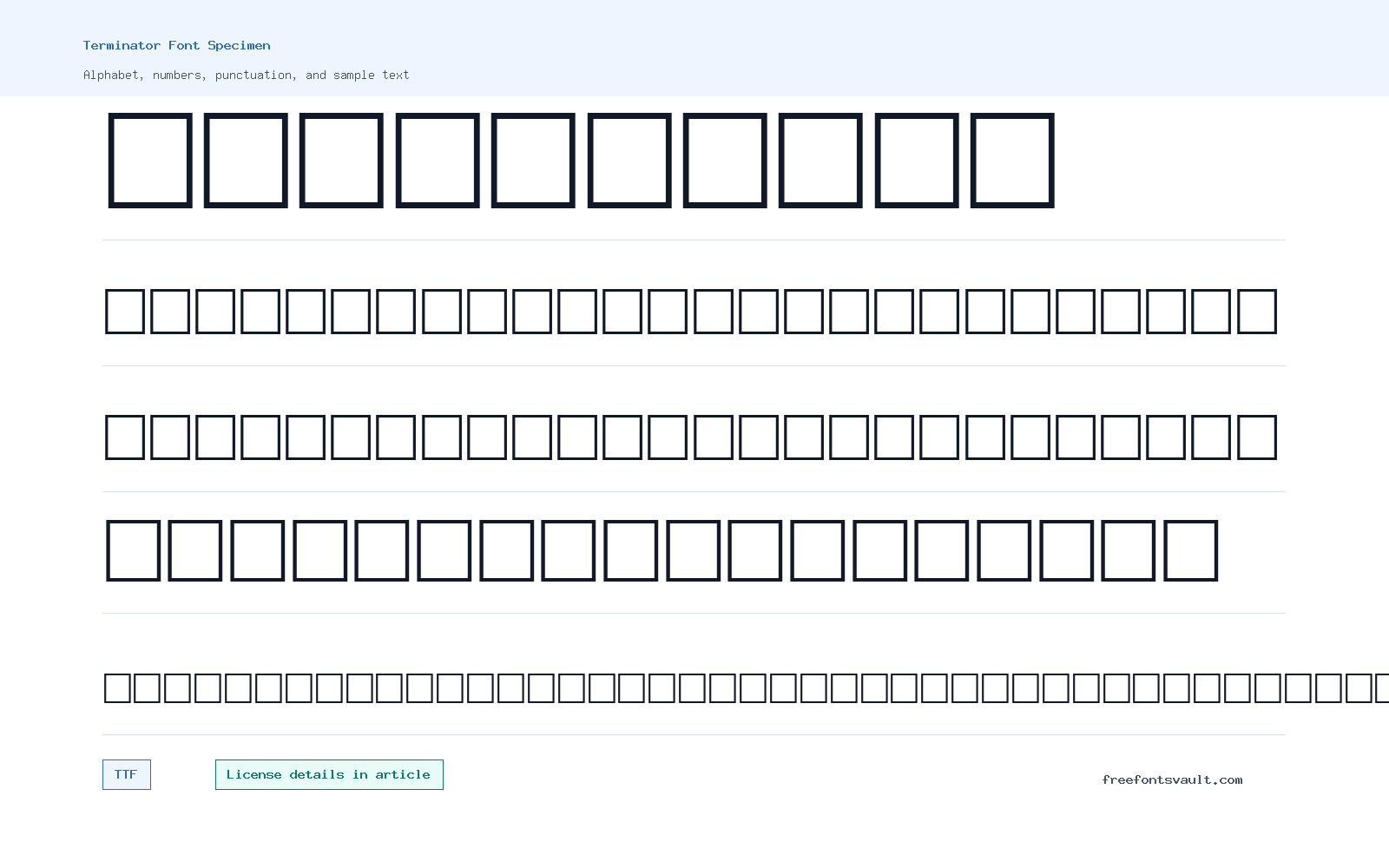 Terminator font specimen showing alphabet, numbers, and sample text