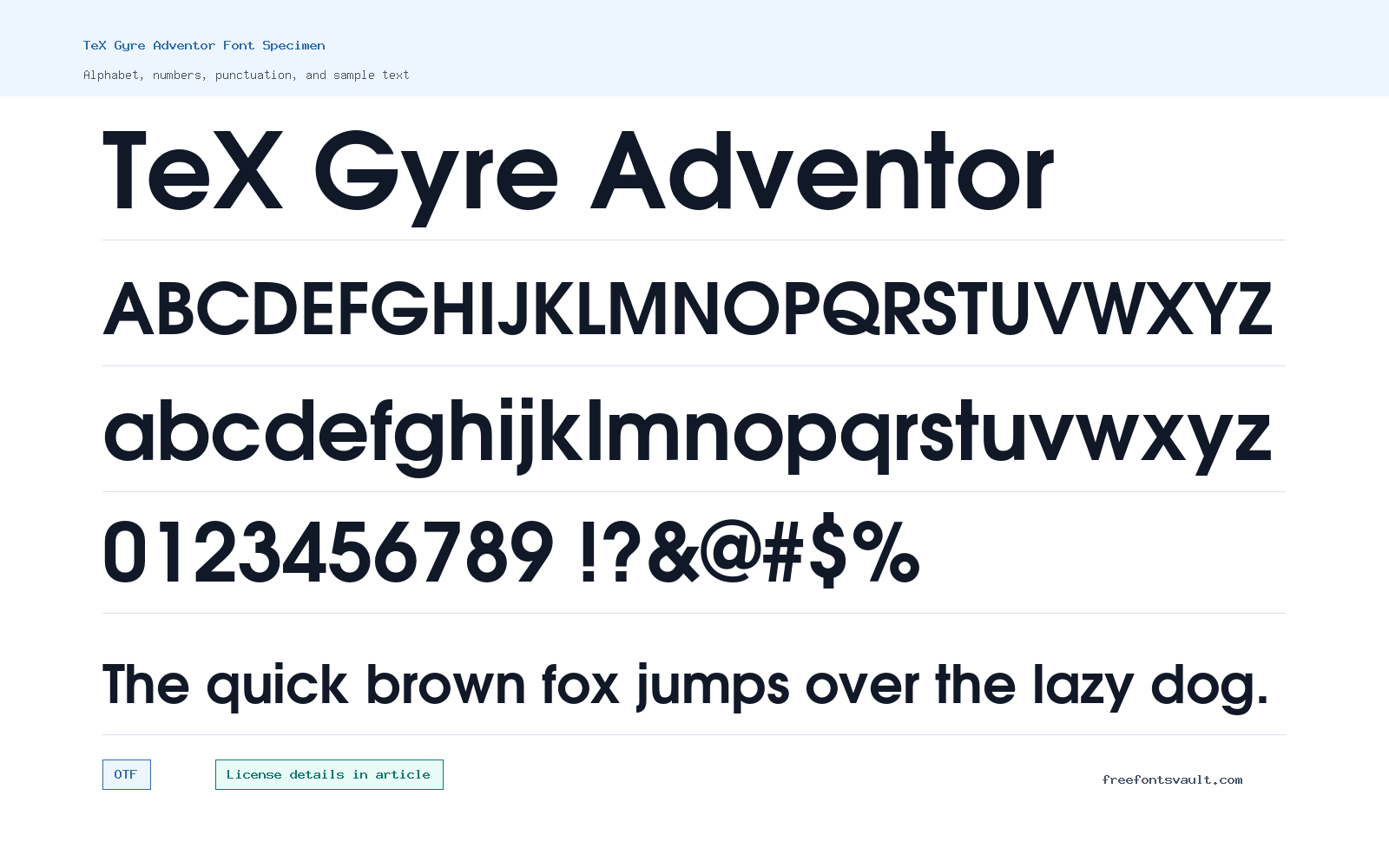 TeX Gyre Adventor font specimen showing alphabet, numbers, and sample text