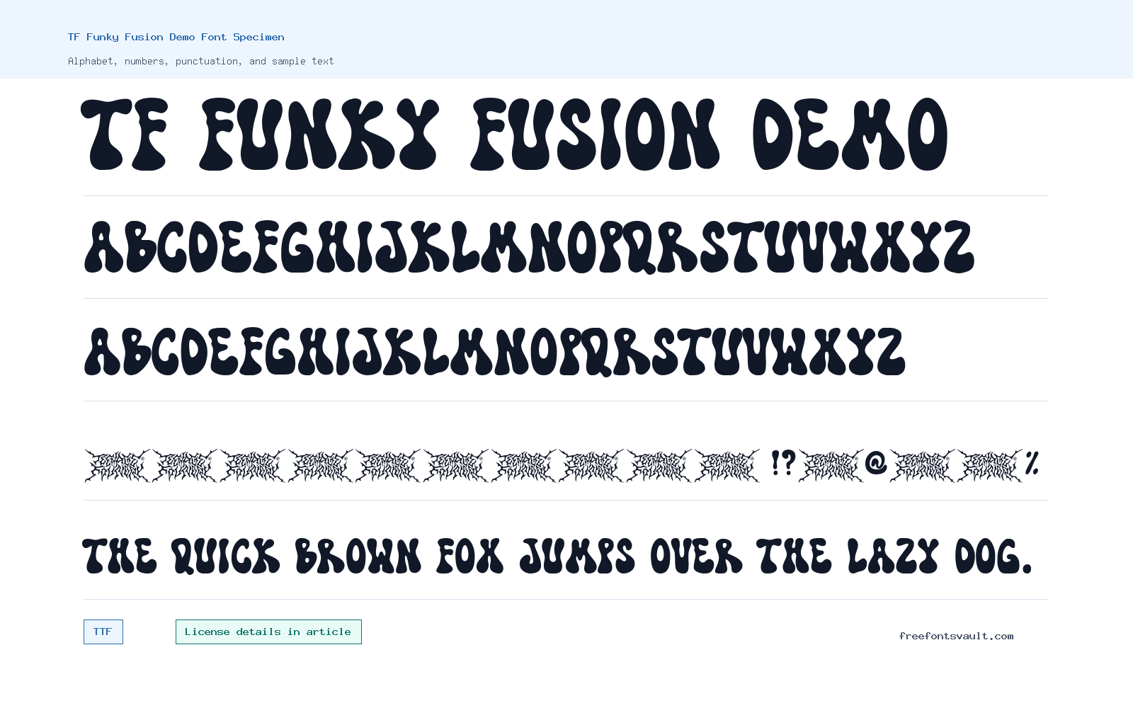 TF Funky Fusion Demo font specimen showing alphabet, numbers, and sample text