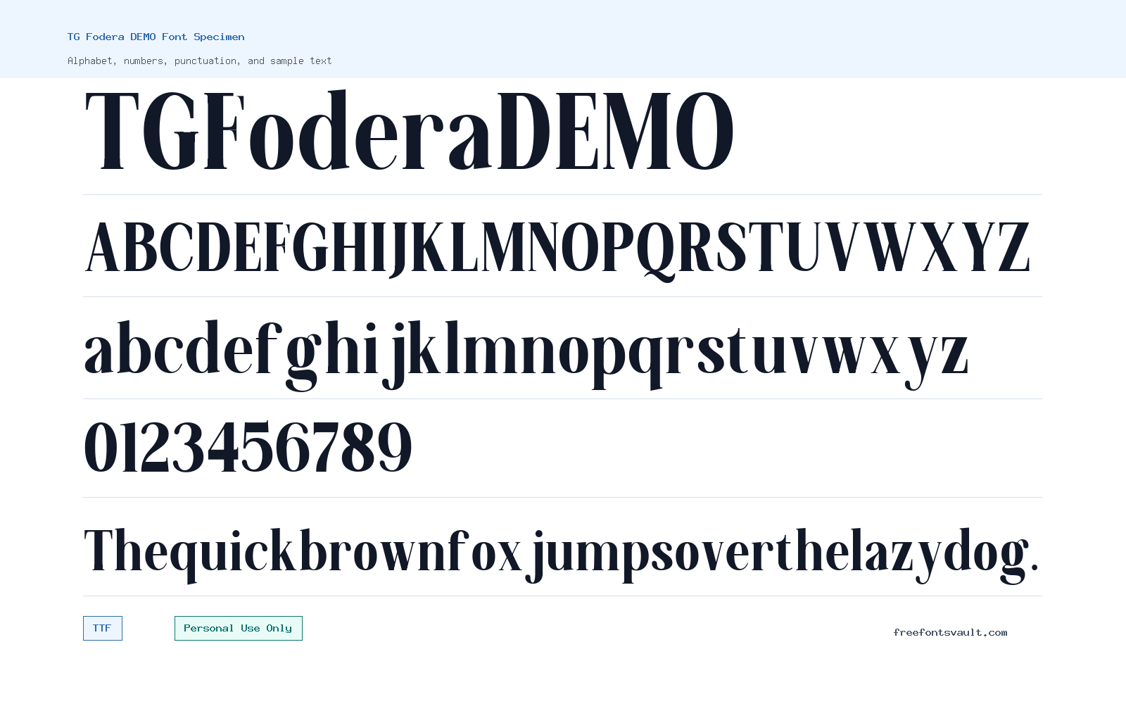 TG Fodera DEMO font specimen showing alphabet, numbers, and sample text