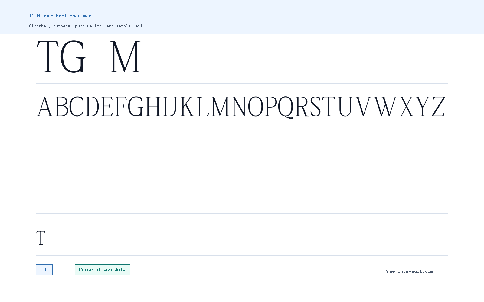 TG Missed font specimen showing alphabet, numbers, and sample text