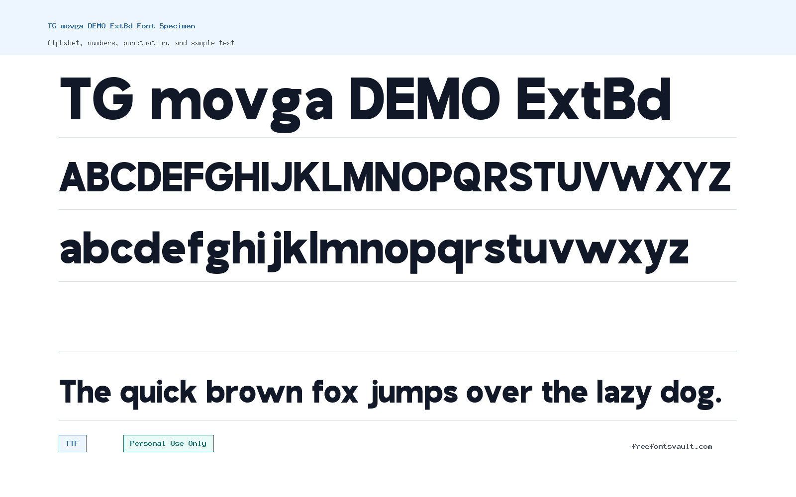 TG movga DEMO ExtBd font specimen showing alphabet, numbers, and sample text