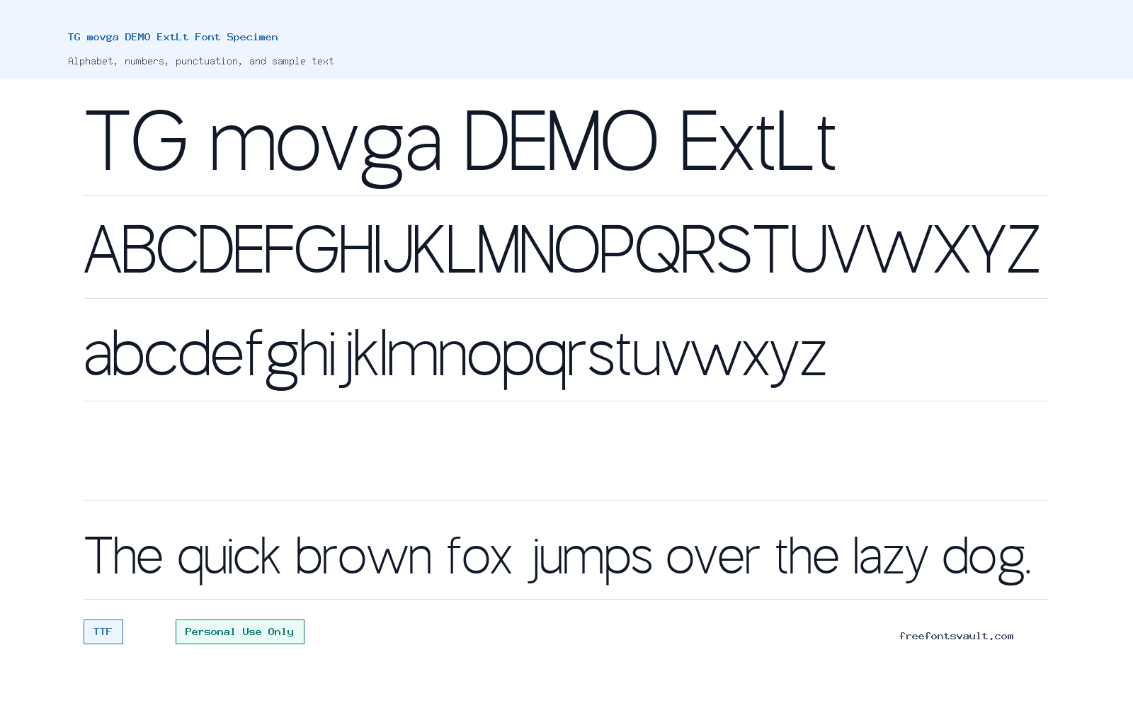 TG movga DEMO ExtLt font specimen showing alphabet, numbers, and sample text