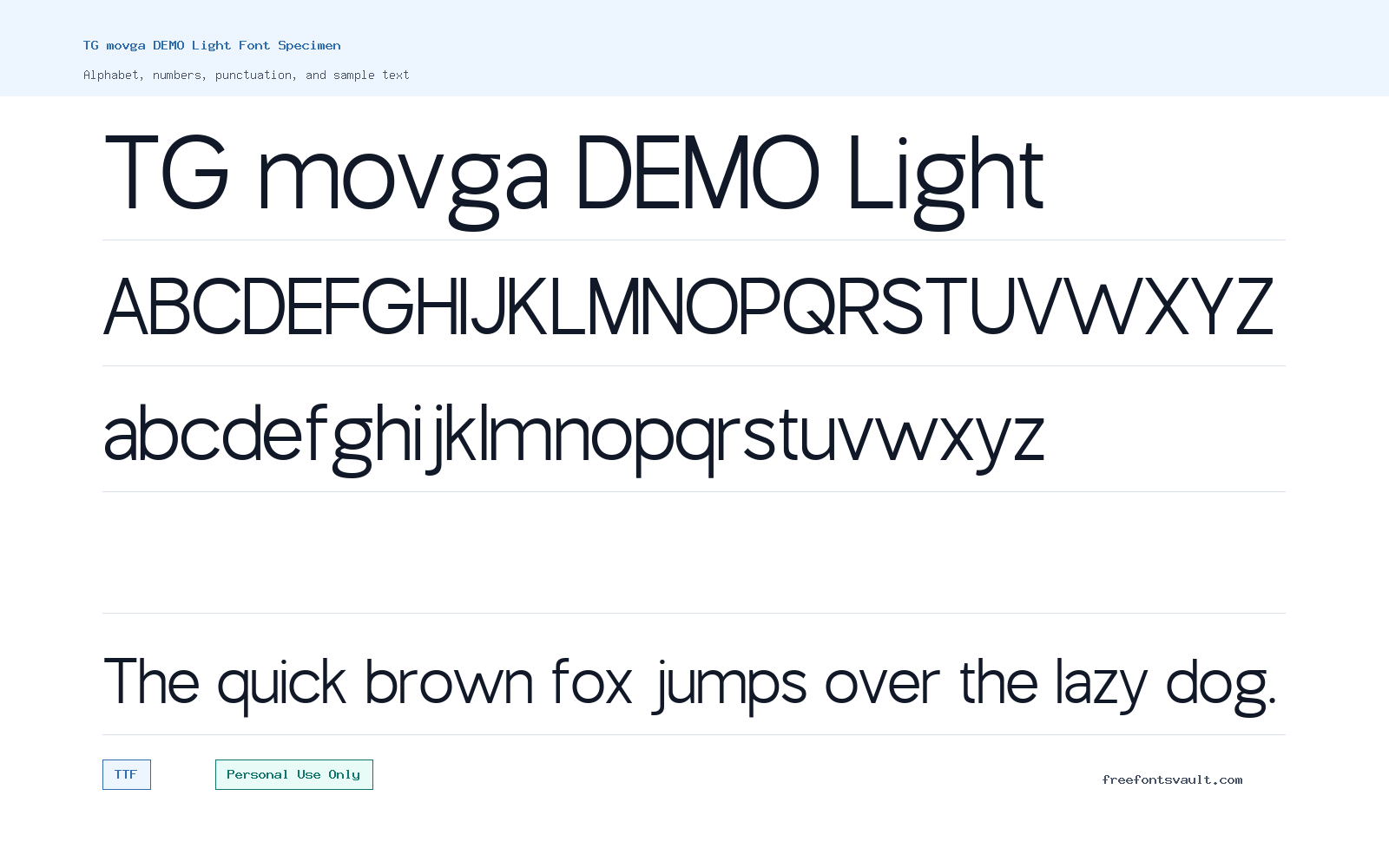 TG movga DEMO Light font specimen showing alphabet, numbers, and sample text