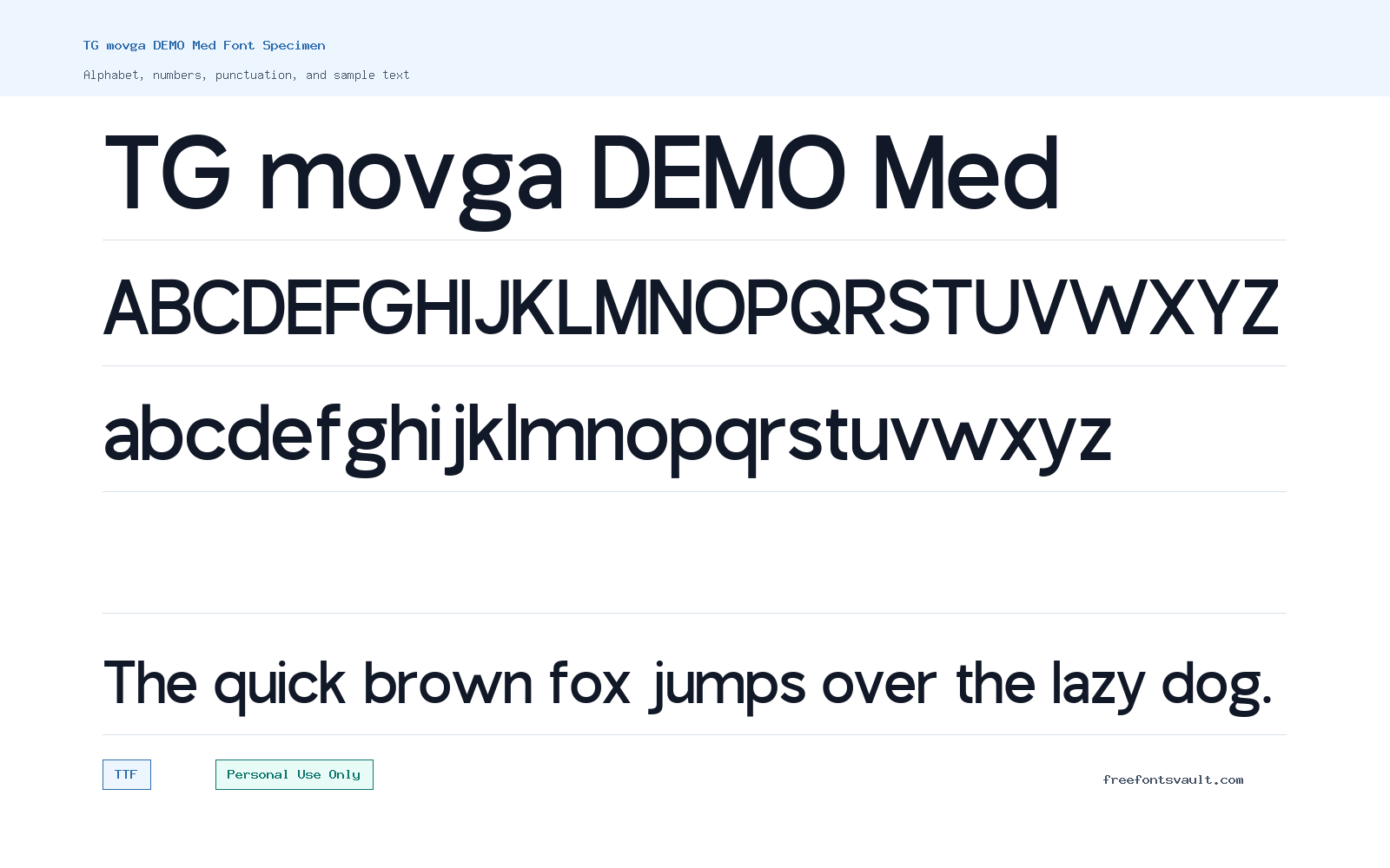 TG movga DEMO Med font specimen showing alphabet, numbers, and sample text