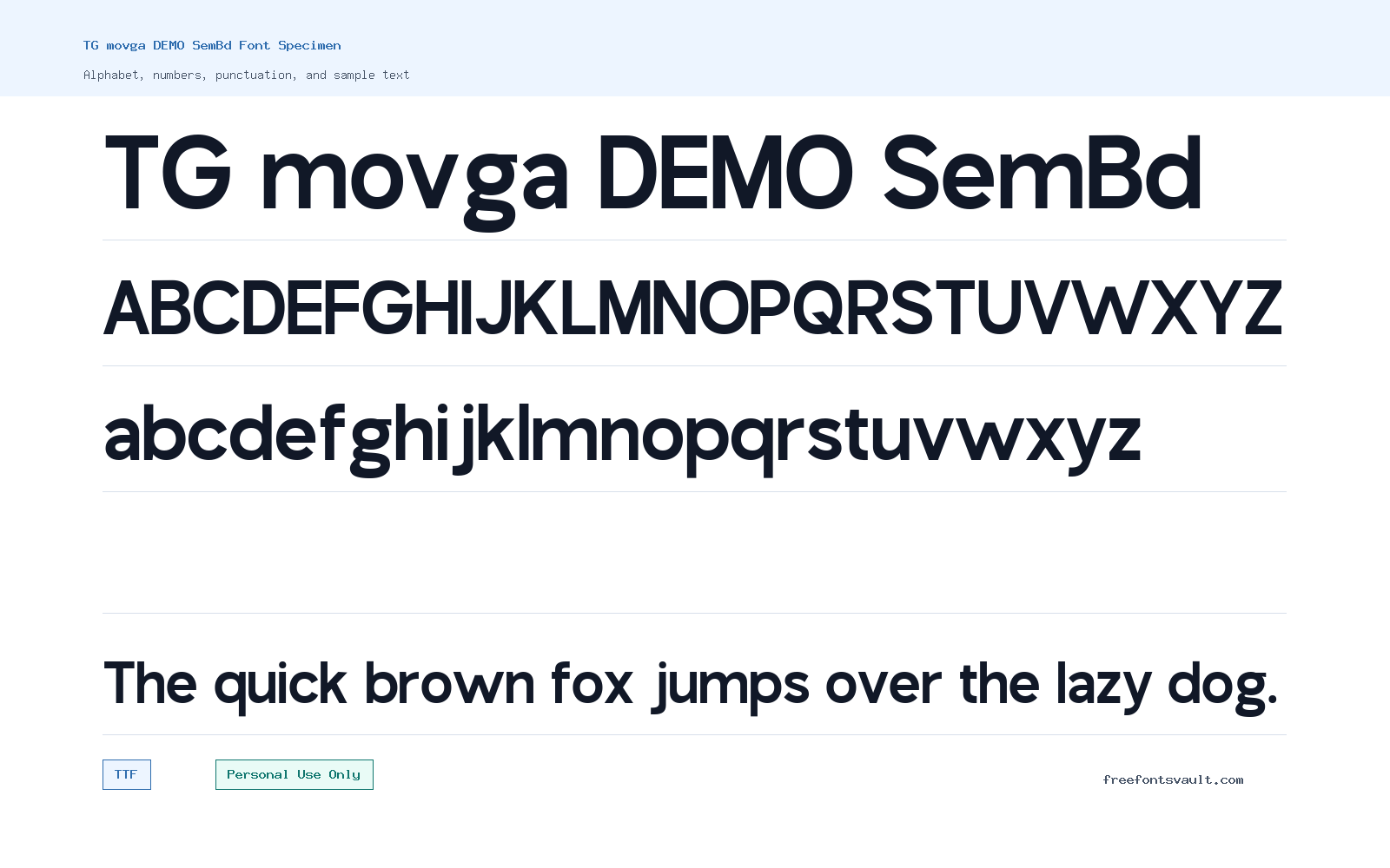 TG movga DEMO SemBd font specimen showing alphabet, numbers, and sample text