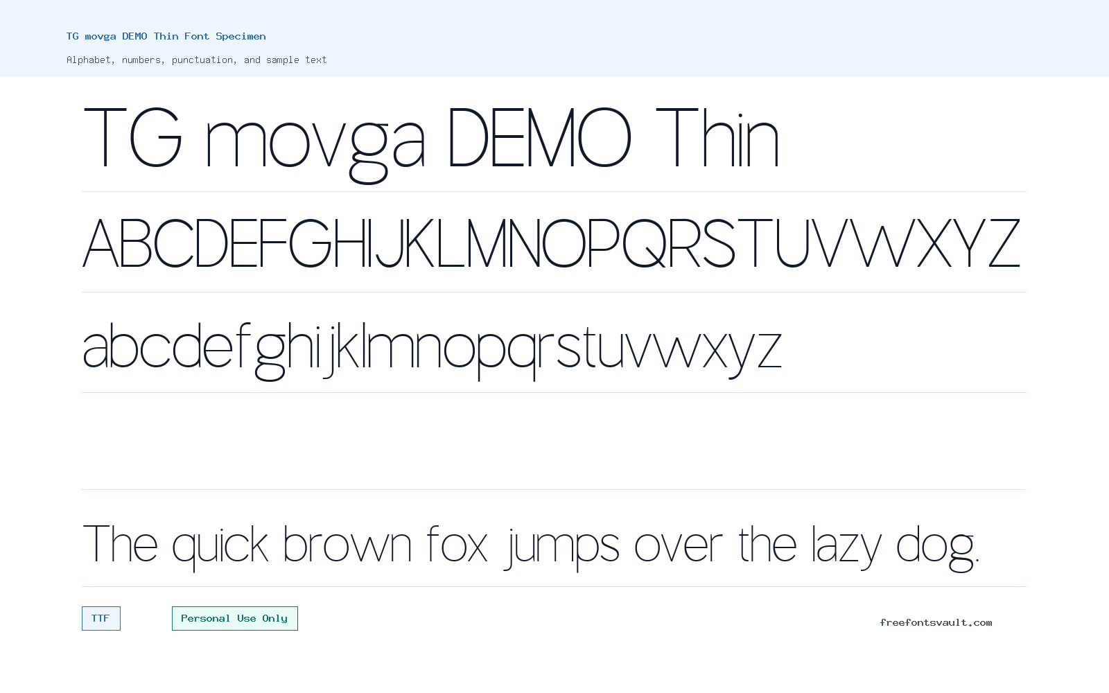 TG movga DEMO Thin font specimen showing alphabet, numbers, and sample text