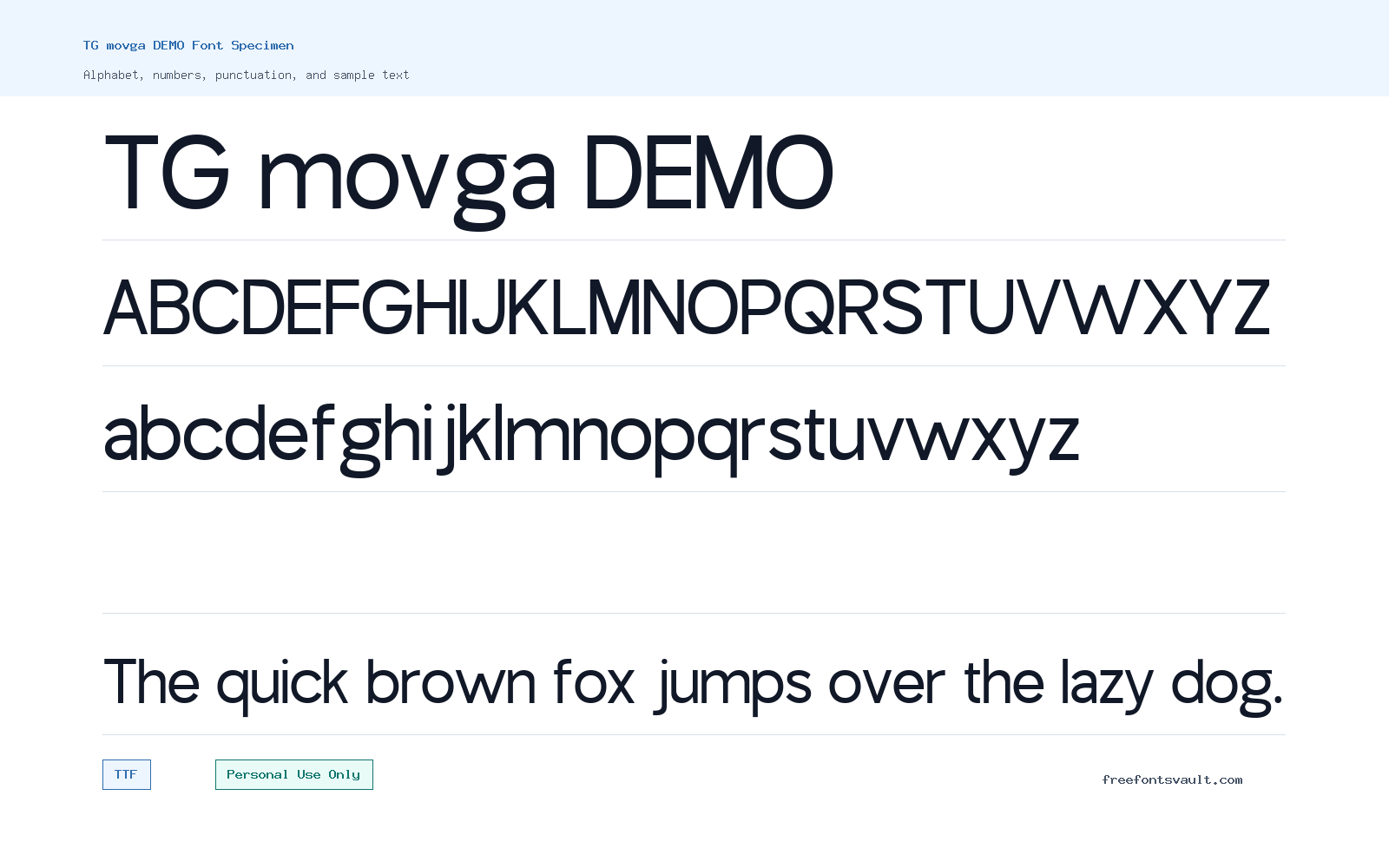 TG movga DEMO font specimen showing alphabet, numbers, and sample text