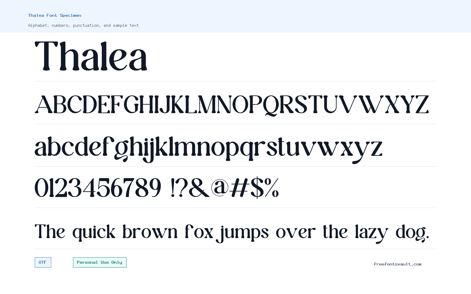 Thalea font specimen showing alphabet, numbers, and sample text