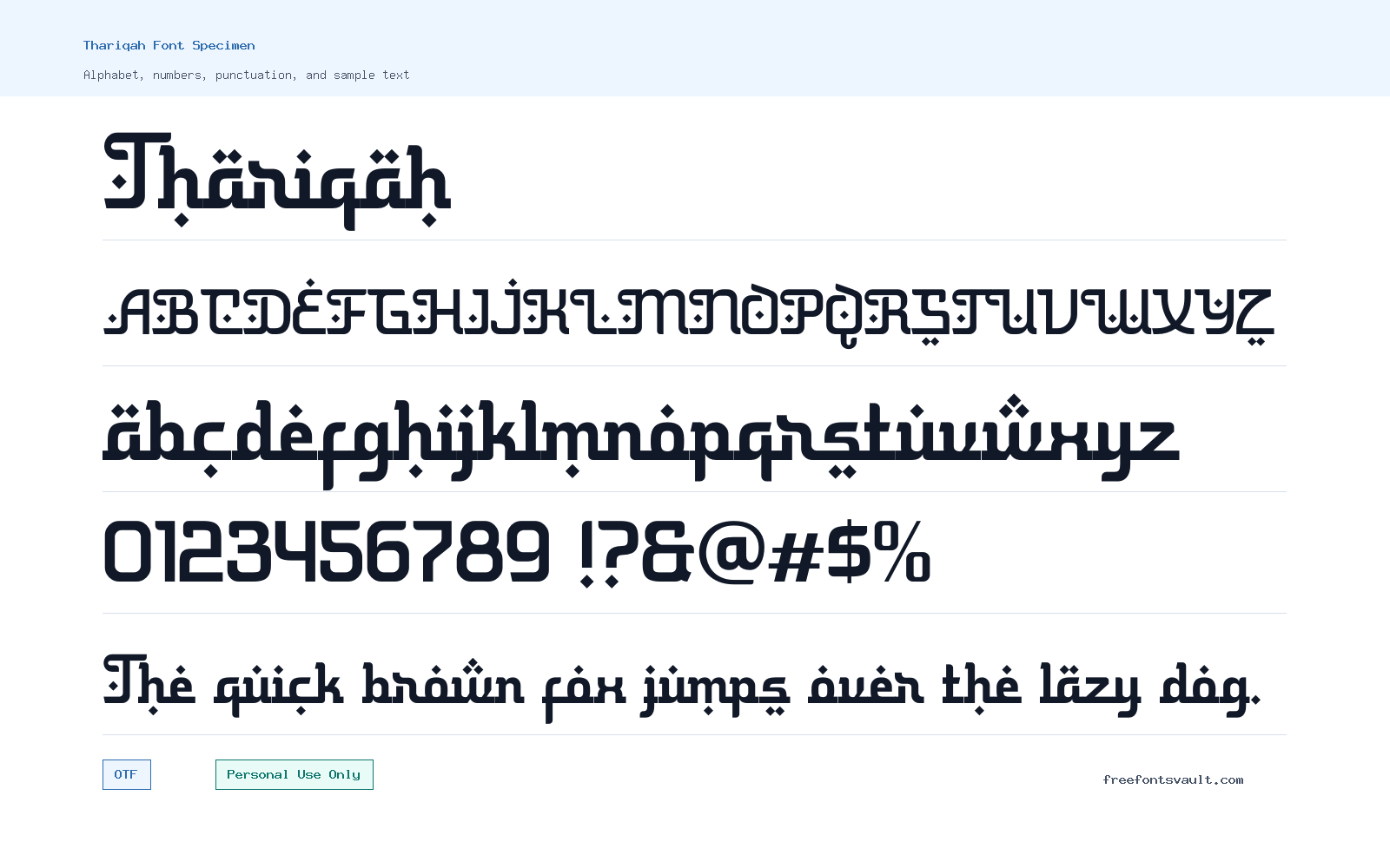 Thariqah font specimen showing alphabet, numbers, and sample text