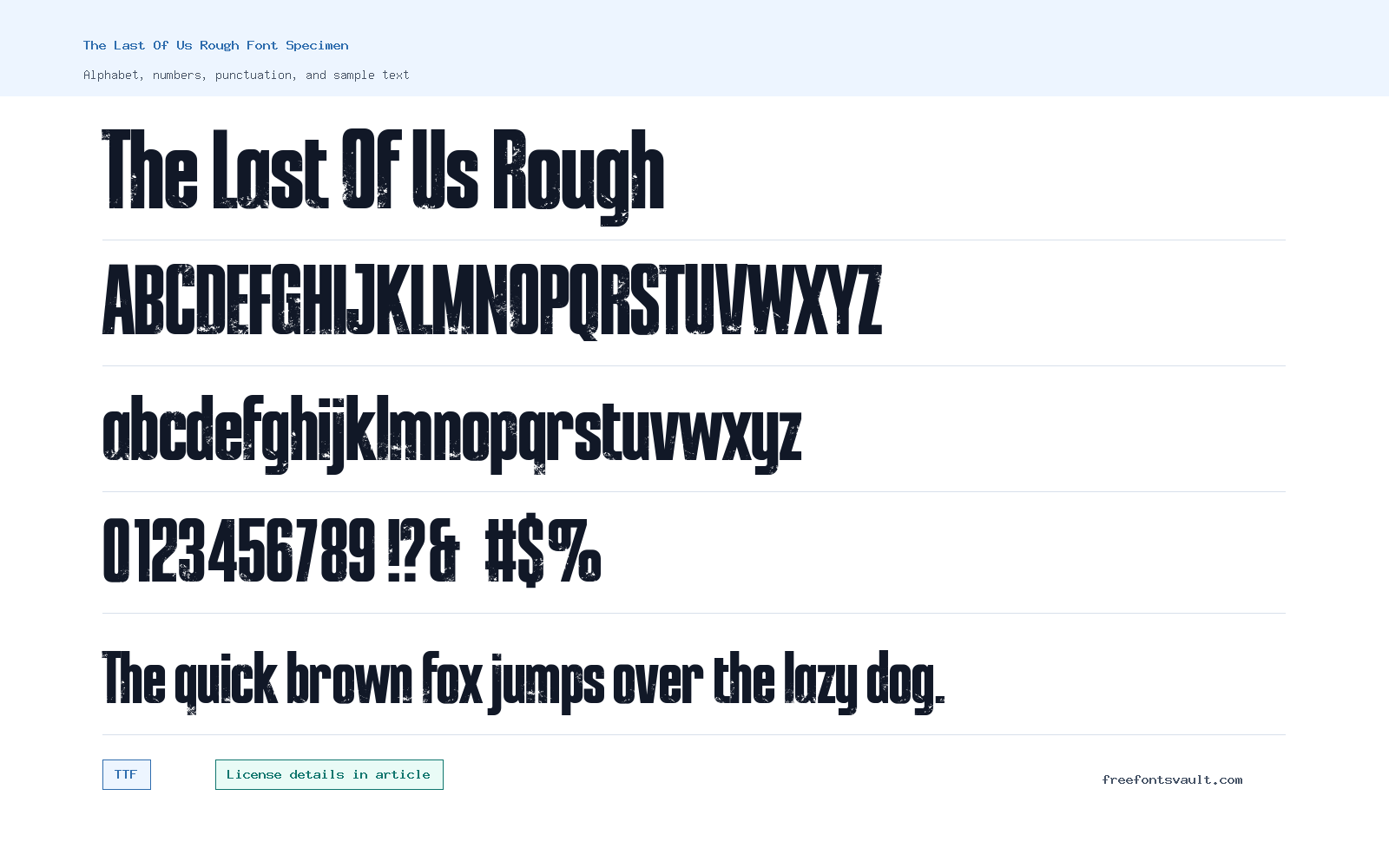 The Last Of Us Rough font specimen showing alphabet, numbers, and sample text
