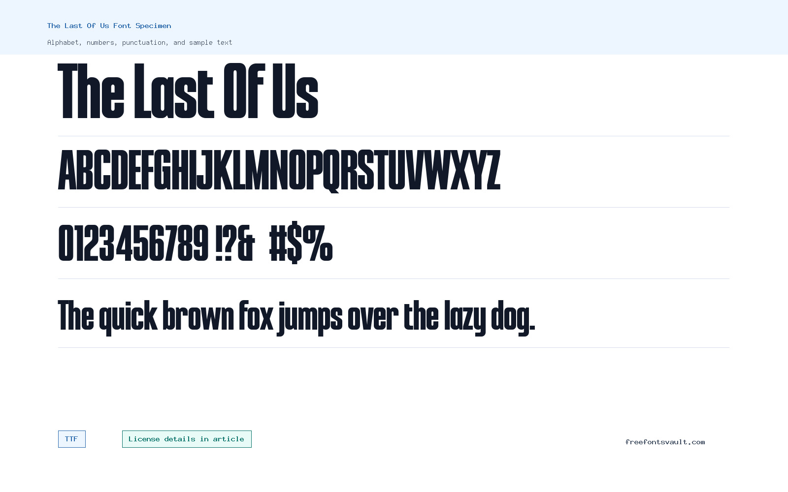 The Last Of Us font specimen showing alphabet, numbers, and sample text
