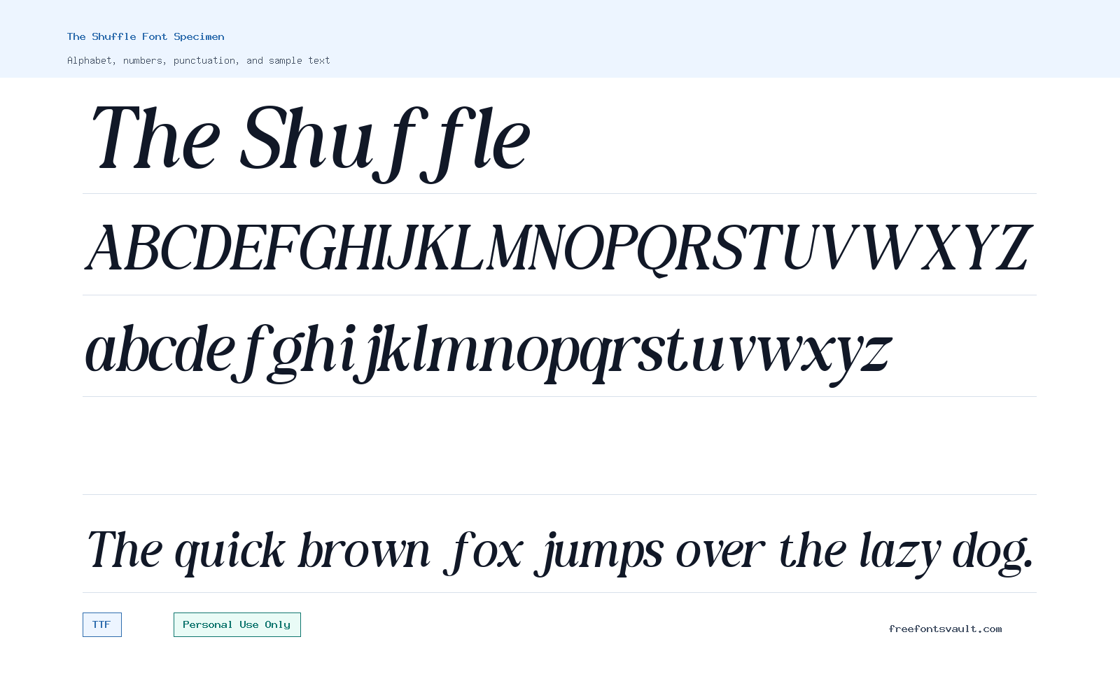 The Shuffle font specimen showing alphabet, numbers, and sample text