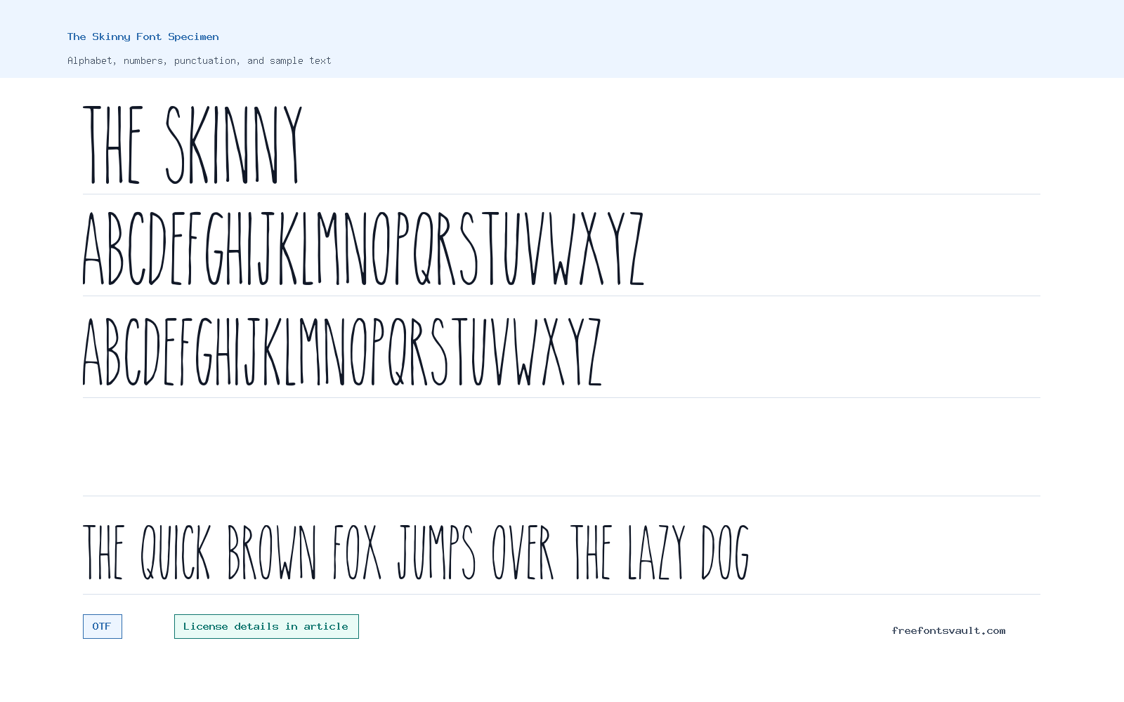 The Skinny font specimen showing alphabet, numbers, and sample text