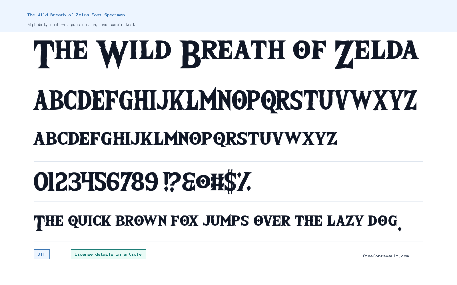 The Wild Breath of Zelda font specimen showing alphabet, numbers, and sample text