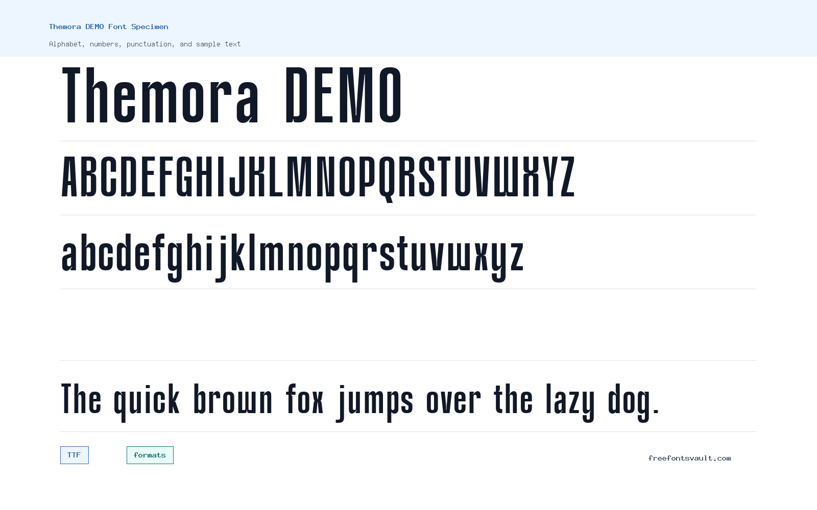 Themora DEMO font specimen showing alphabet, numbers, and sample text