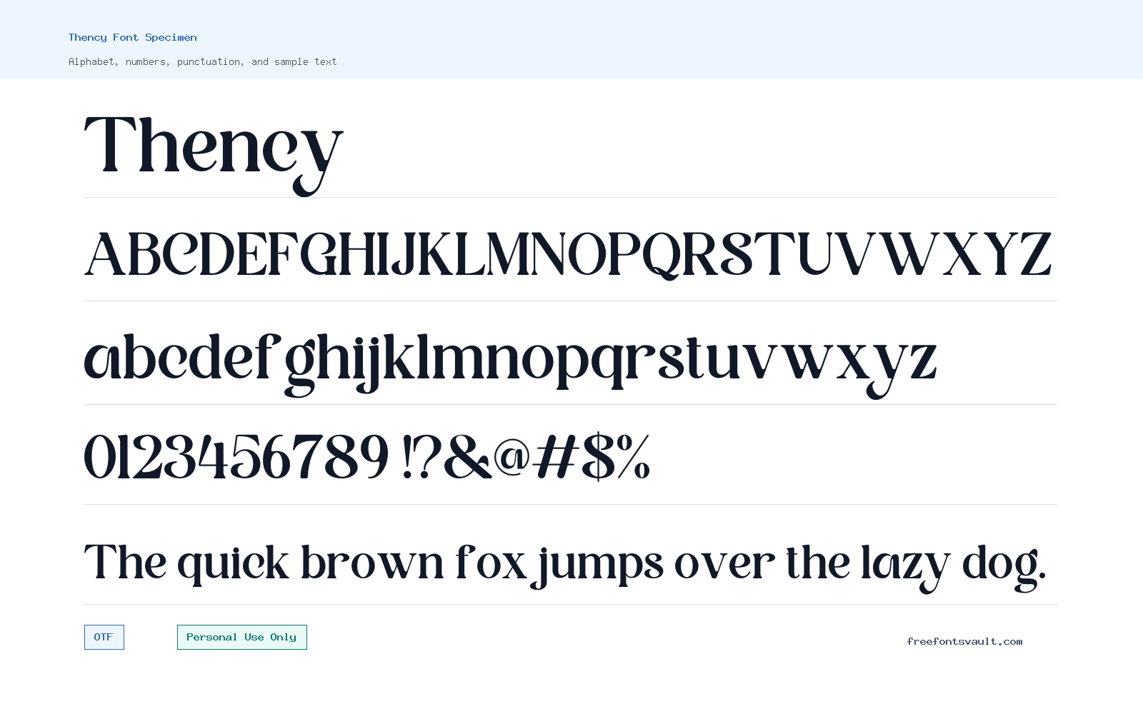 Thency font specimen showing alphabet, numbers, and sample text
