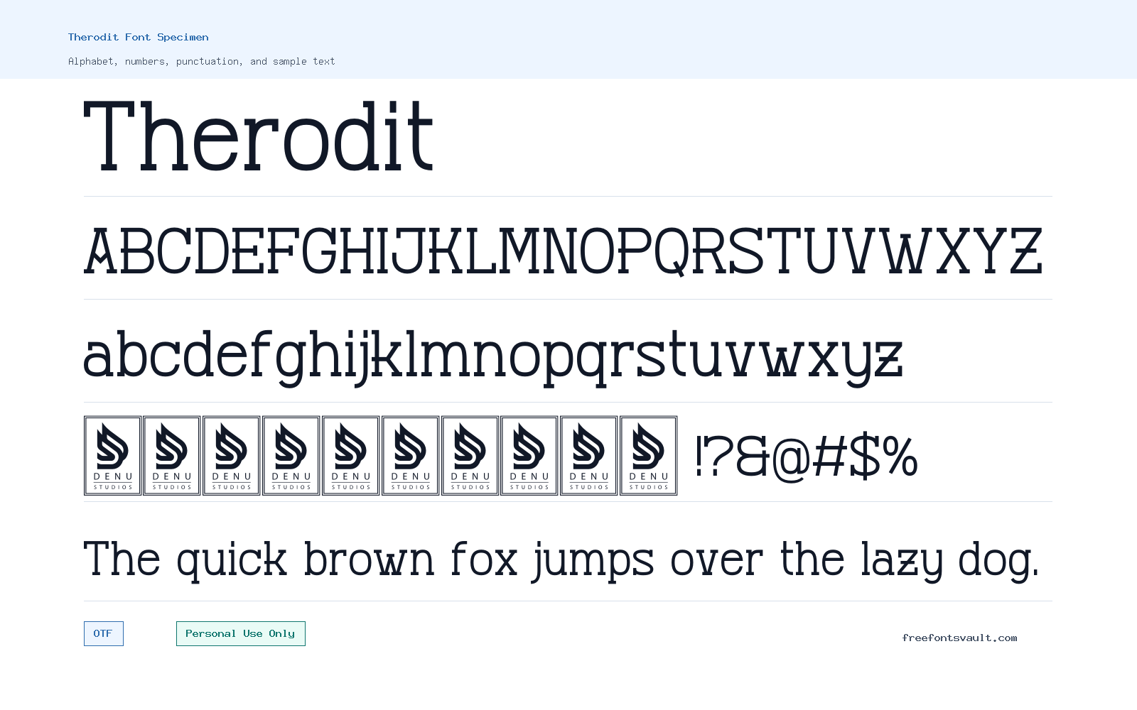 Therodit font specimen showing alphabet, numbers, and sample text